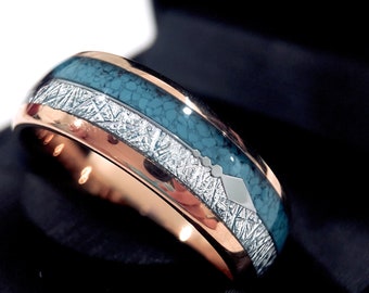 Mens Wedding Bands, Rose Gold Ring, Tungsten Ring for Women, Turquoise Meteorite Inlay, Rose Gold Arrow Inlay, Engagement Ring, His and Hers