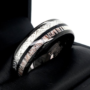 Mens Tungsten Wedding Ring | Antler & Meteorite Inlay | Black Tungsten Band | Durable | 8mm