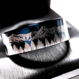 Wedding Bands, Blue Tungsten Wedding Bands Fir Trees in Mountains Forest landscape Pattern Engraved Mens Women Tungsten Carbide Ring, 4-10mm