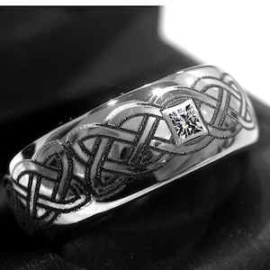 Celtic Tungsten Wedding Band | Men’s and Women’s Ring with White Diamond | Unique Gift for Husband or Wife | Celtic Knot Engagement Ring