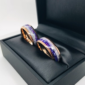 Matching Rings Set, Purple Agate Meteorite Rose Gold Tungsten Carbide ...