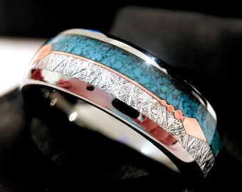Tungsten Wedding Band | Turquoise Meteorite Ring with Rose Gold Arrow Inlay | 8mm Unisex