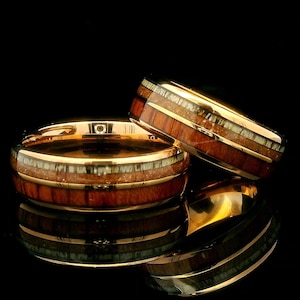 Matching Couples Rings Set - Aventurine, Wood, Deer Antler Inlay Rose Gold Tungsten Wedding Bands, His and Hers Anniversary Rings, 8mm