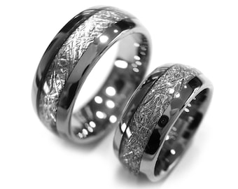 Matching Meteorite Inlay Rings | His and Hers Tungsten Bands | Promise or Commitment Gift | 8mm Comfort Fit | Cosmic-Inspired Couple Rings
