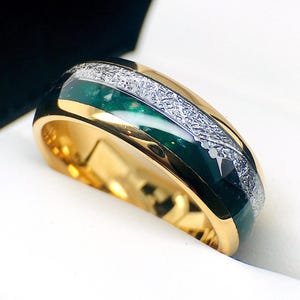 Green Agate Meteorite Tungsten Ring | 8mm Silver Arrow Inlay Wedding Band | Unique Ring for Men & Women | Durable Engagement, Promise Ring