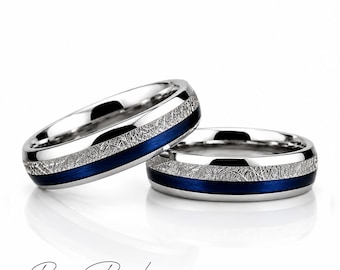 Celestial Blue Agate & Meteorite Tungsten Ring (Unisex Wedding / Engagement Band) - 6mm,8mm