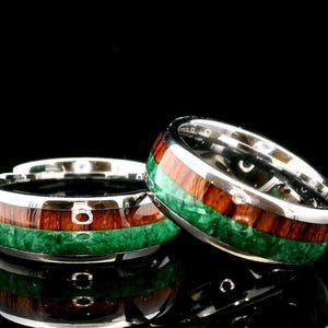 His and Hers Wood and Malachite Tungsten Rings | Wedding Bands for Men and Women | Green Stone Tungsten Ring | Unique Gift for Husband