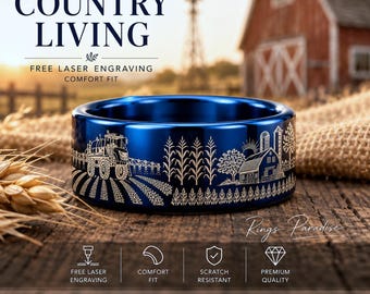 Precision Agriculture Ring | Crop Sprayer Engraved Blue Tungsten Band | Farm Equipment Ring