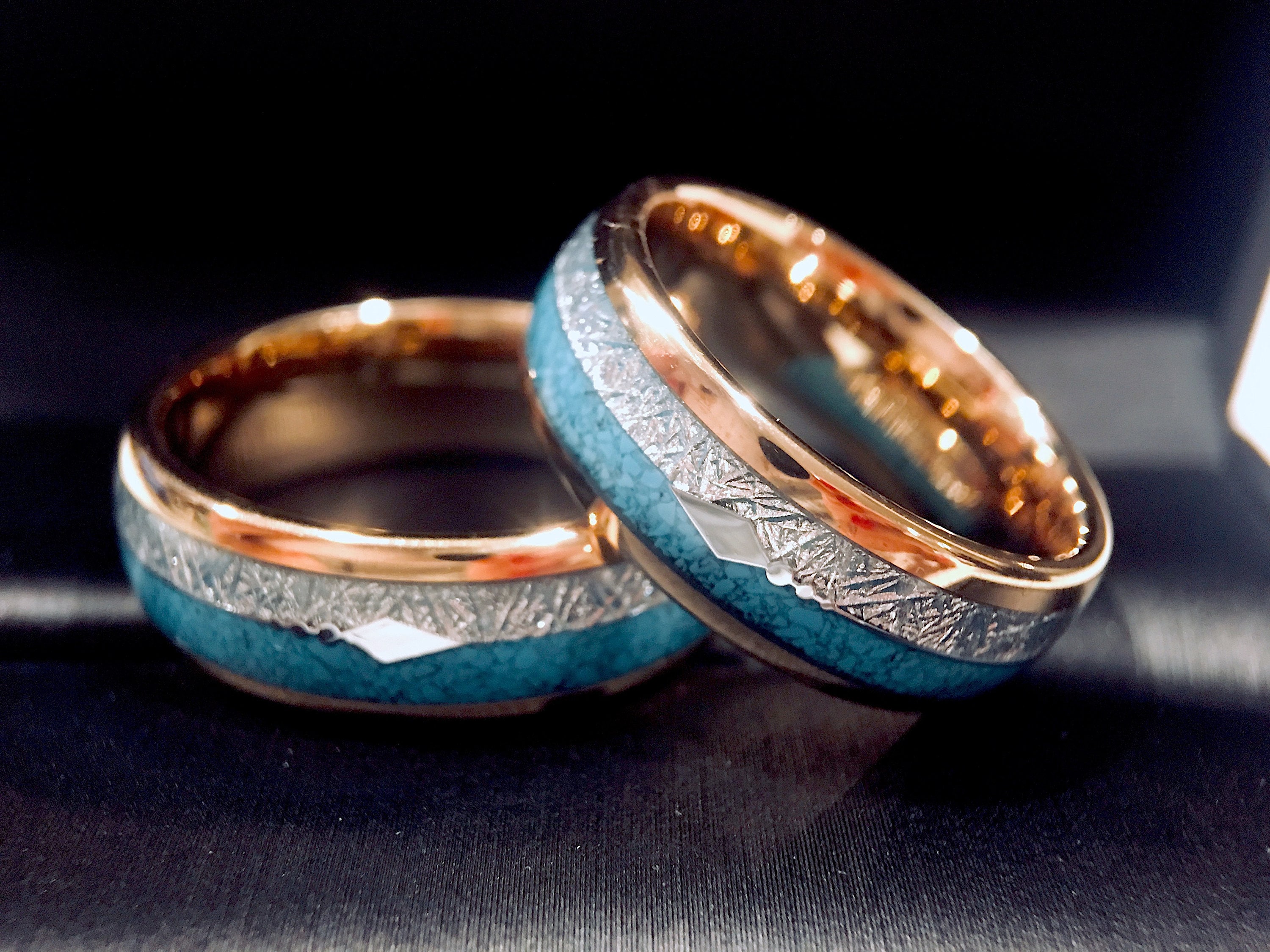Match His and Hers Rose Gold Tungsten Rings With Meteorite And Wood  Inlay-Wood Wedding Bands