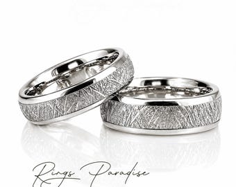 Silver Tungsten Rings Set | Meteorite Inlay | His & Hers Bands | 4mm 6mm 7mm 8mm
