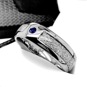 Meteorite Wedding Ring with Blue Sapphire | Men’s Wedding Band | Women’s Engagement Ring | His & Hers Ring | Tungsten Carbide