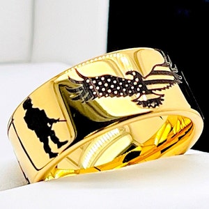 Engraved Gold Tungsten Carbide Military Ring: Eagle, Soldier, Helicopter, Comfort Fit - 8mm, 10mm