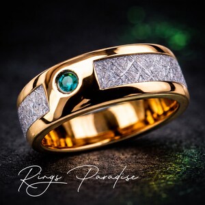 Tungsten Wedding Band | Rose Gold Meteorite Ring with Emerald | 8mm