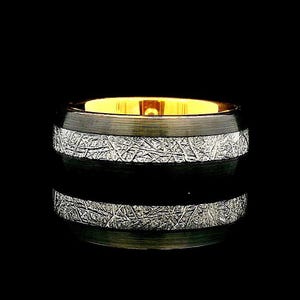 Black and Yellow Gold Tungsten Ring with Meteorite Inlay | 8mm Comfort Fit Wedding Band | Unisex Engagement Ring | Durable & Unique