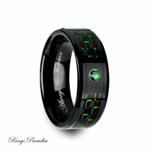 Emerald Stone Black Tungsten Ring | Green Carbon Fiber Wedding Band | Men&#39;s Engagement Ring | Promise Ring | Anniversary Gift | 8mm