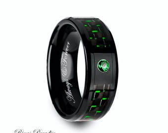 Anillo de tungsteno negro con piedra esmeralda y fibra de carbono verde (8 mm)