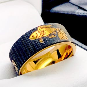 Gold Fish Engraved Ring | Tungsten Carbide Wedding Band | Custom Promise Ring | His & Hers Engagement Ring | Men’s Nature Ring