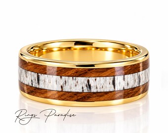 Gold Tungsten Wedding Ring | Whiskey Barrel Wood and Deer Antler Inlay -6mm, 8mm