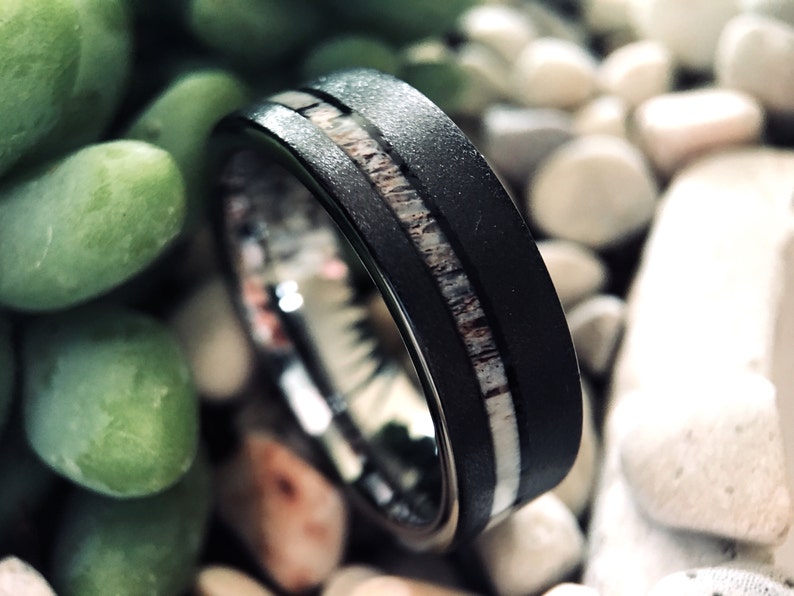 Sandblasted Black Mens Antler Ring Antler Wedding Band Mens Etsy