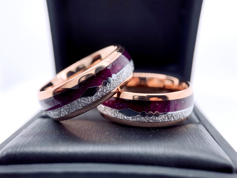 Matching Rings Set, Purple Agate and Meteorite Ring Mens Tungsten Ring, Arrows Ring, Rose Gold I Male Ring Ring for Women, Promise Rings image 10