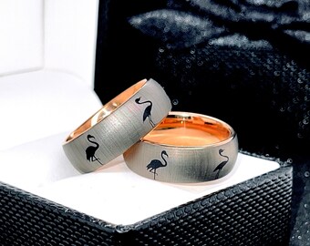 Flamingo Pattern Engraved Tungsten Carbide Wedding Bands,  Matching Rings Set, Couples Rings Set, Engagement Ring, Mens Ring, Promise Ring