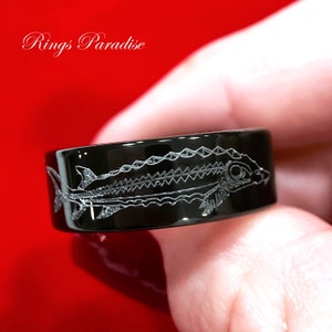 Sturgeon Fish & Hook Engraved Tungsten Wedding Band | Custom Black Tungsten Ring for Men and Women | Durable Fishing-Themed Gift for Husband