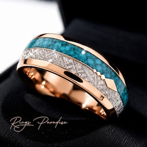 Rose Gold Tungsten Wedding Band | Turquoise Meteorite Silver Arrow Ring 8mm