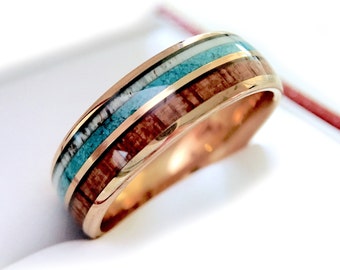 Mens Wedding Band, Women Tungsten Ring, Wood, Turquoise and Antler Inlay Ring, Antler Ring, Rose Gold Tungsten Wedding Band Engagement Ring