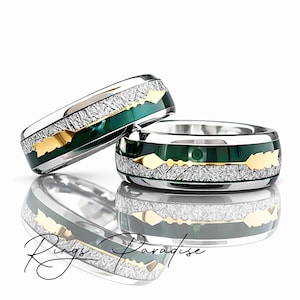 Anillos de boda de tungsteno con ágata verde y incrustaciones de flecha de meteorito para él y para ella, 8 mm