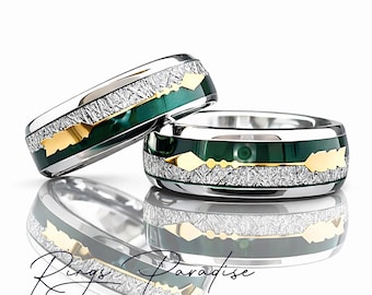 Tungsten Wedding Bands Green Agate Ring Set | Meteorite Arrow Inlay His Hers Rings 8mm