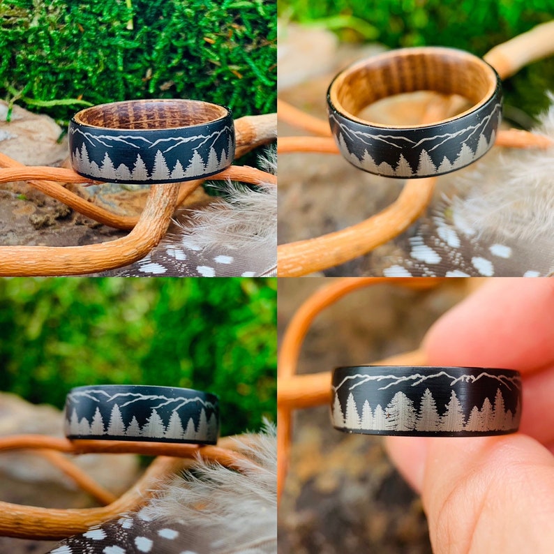 Tungsten Ring Fir Trees in Mountains Forest landscape Engraved His and Hers Promise Ring Mens Wedding Band Mens Ring Whisky Barrel Ring