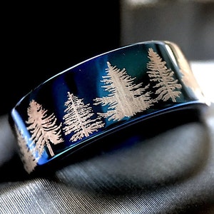 Engraved Fir Tree Tungsten Wedding Band: Forest Landscape Promise Ring, 6mm, 8mm, 10mm, 12mm