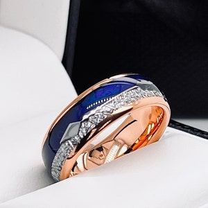 Mens Wedding Bands Blue Agate Meteorite Inlay, Rose Gold, Arrow Inlay Engagement Ring Rose Gold Ring, Tungsten Ring for Women, His and Hers