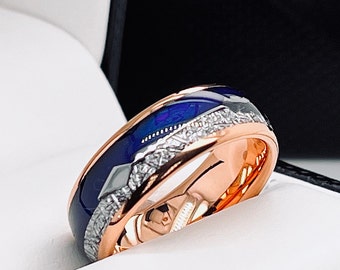 Mens Wedding Bands Blue Agate Meteorite Inlay, Rose Gold, Arrow Inlay Engagement Ring Rose Gold Ring, Tungsten Ring for Women, His and Hers