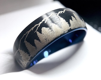 Black and Blue Two-Tone Tungsten Ring | Nature-Inspired Wedding Band | Durable Brushed Comfort Fit 8mm Ring for Men & Women