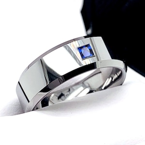 Tungsten trouwring voor heren | Blauwe vierkante saffier | Zijn beloftering | Verlovingsring | Tungsten ring | 8 mm comfort fit | Modern en duurzaam