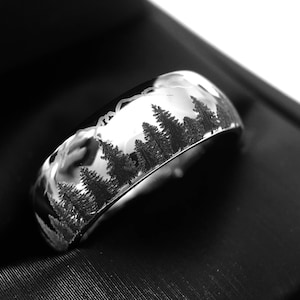 Wedding Bands, Fir Trees in Mountains Forest landscape Pattern, Mens and Women Ring, Tungsten Forest Engraved Ring, His and Her Promise Ring image 9