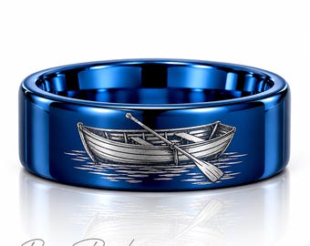 Tungsten Wedding Band | Rowboat Oar Engraved Fisherman Ring | Custom 8mm