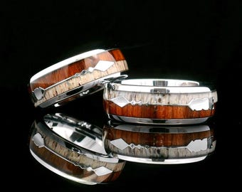 His and Hers Tungsten Wedding Bands | Wood Antler Couple Ring Set - 8mm