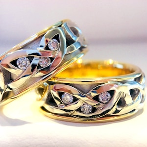 14k Gold Celtic Knot Ring with Three Diamonds | Wedding Band | Custom Engagement Ring | Matching Gold Band for Men and Women