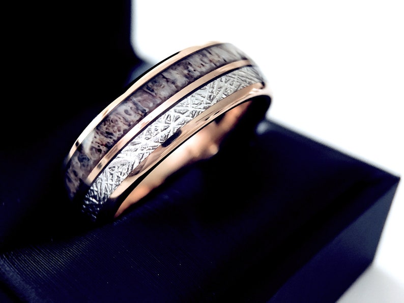 Antler and Wood Wedding Band Mens and Women Wedding Bands Rose Gold Tungsten Wedding Bands Mens Tungsten Ring Rings Mens Tungsten Band