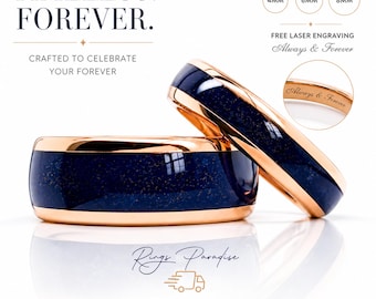 Rose Gold Tungsten Wedding Band with Blue Agate | His and Hers Engagement Ring- 4mm,6mm,8mm
