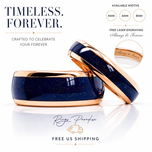 Rose Gold Tungsten Wedding Band with Blue Agate | His and Hers Engagement Ring- 4mm,6mm,8mm