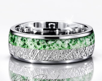 Meteorite and Green Moss Tungsten Ring: Celestial Wedding Band, Comfort fit (7mm) Unisex