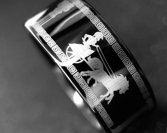 Tungsten Ring, Ancient Greek Spartan Warriors Scene Pattern Engraved Black Tungsten Ring, Mens Wedding Band, Mens Ring, Greek Spartan Helmet