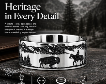 Anillo de tungsteno con grabado de vaquero y búfalo / Alianza de boda estilo western para hombre - 8 mm - 12 mm