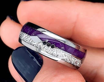 Anillo de carburo de tungsteno de meteorito: Flecha de oro rosa con incrustaciones moradas, alianza de 8 mm