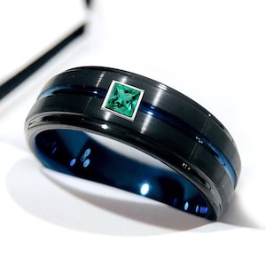 Men&#39;s Black & Blue Tungsten Wedding Band: Green Emerald Stone Ring, (7mm, 9mm)