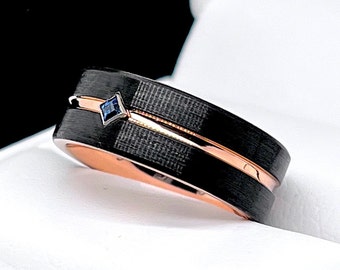 Mens Tungsten Ring, Square Sapphire Ring, Women Tungsten Ring, Engagement Ring, Black & Rose Gold  Ring Tungsten Wedding Bands, Men's Rings