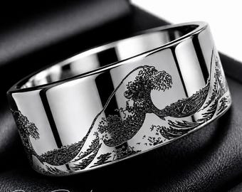 Mens Silver Tungsten Wedding Band, Ocean Wave Ring- 8mm - Etsy